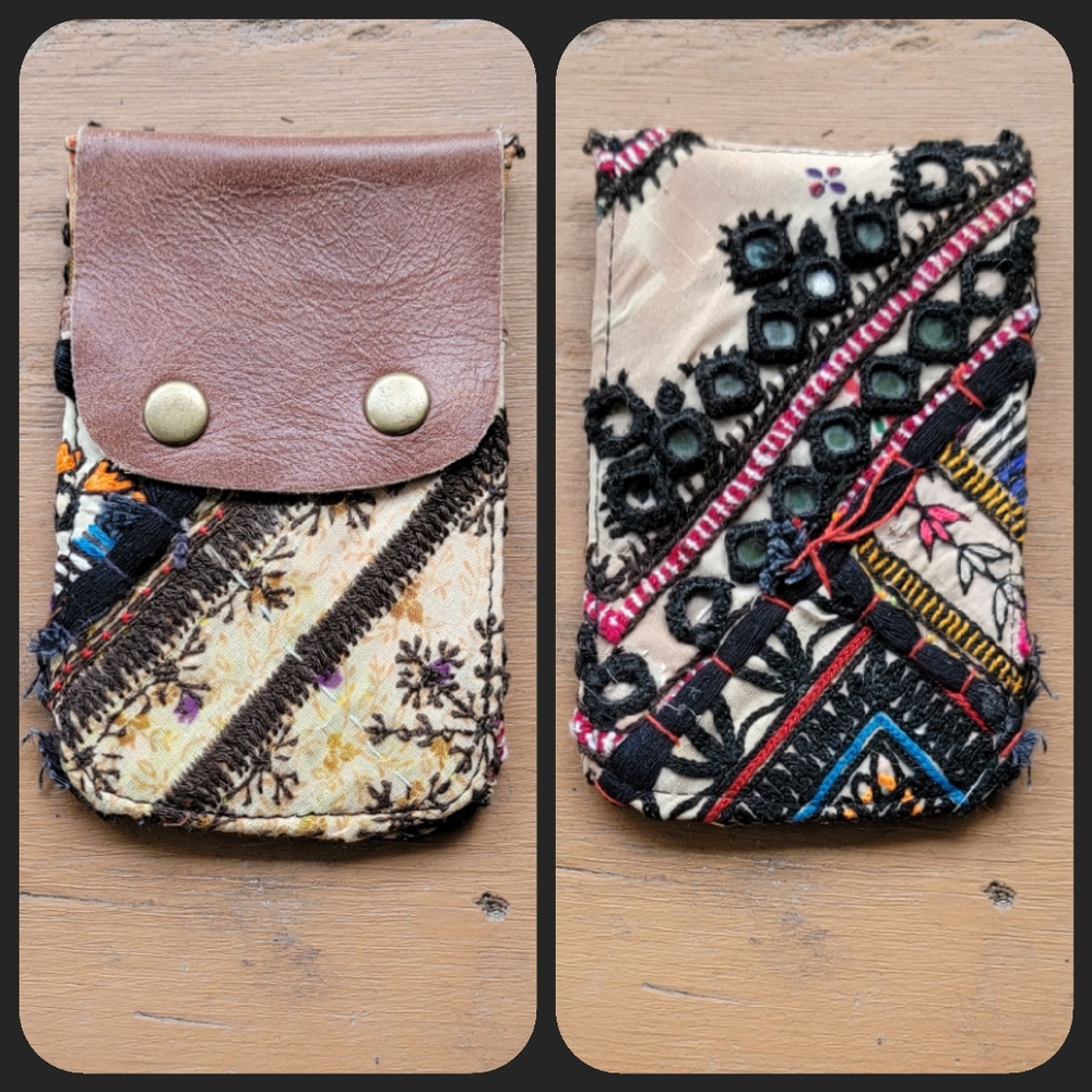 🧠🍳 Free People Boho Embroidered Repurposed vtg banjara hippie Wallet card case